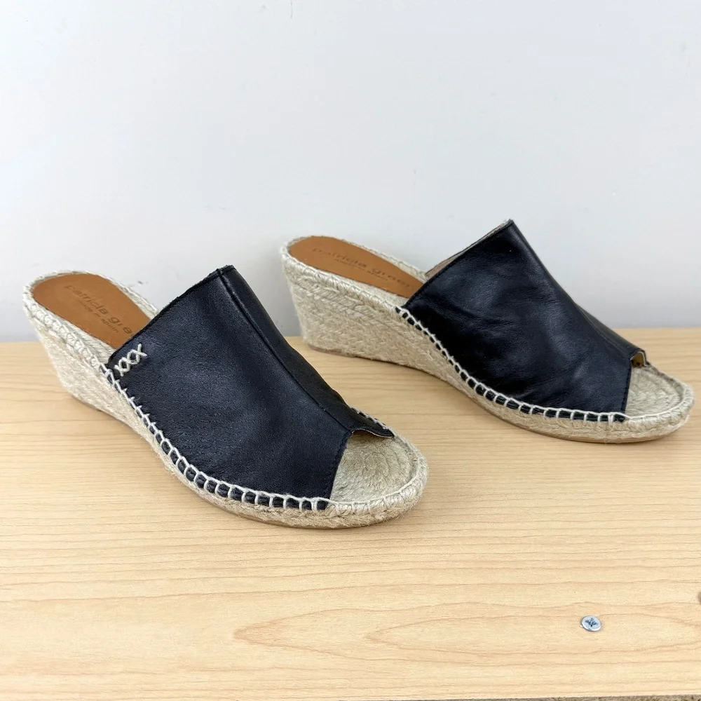 Patricia Green Espadrille Slides Black Leather Wedge (10)